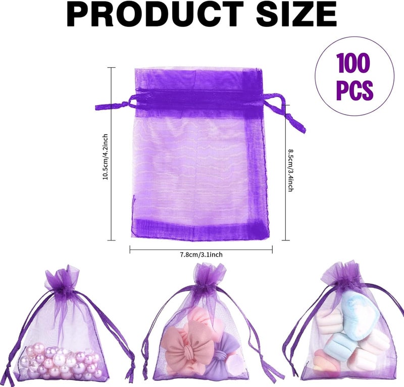 BOEIAC Organza Bags, Purple Organza Bags, 100Pcs, Sheer Organza Bags 3 x 4 inch, Jewelry Gift Bags, Party Favor Bags with Drawstring, Mesh Gift Pouches Mini Candy Bags for Wedding Birthday Party - Image 2